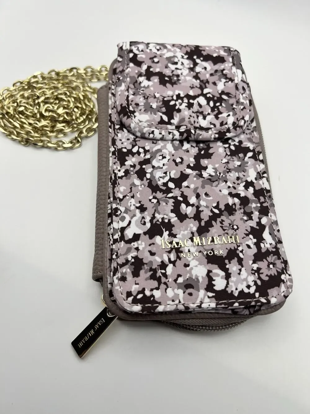Isaac Mizrahi Floral Print Crossbody Phone / Wallet With Gold Chain And Accents
